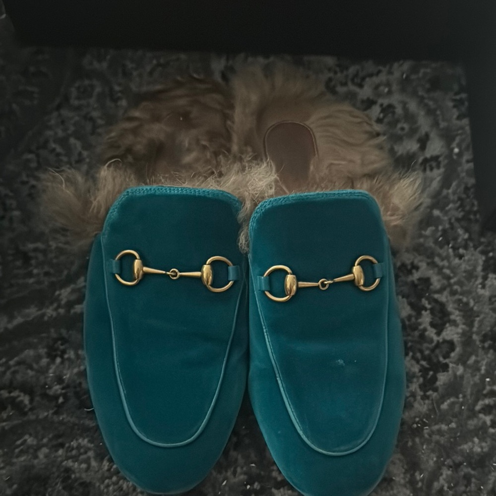 Gucci Teal Velvet Loafers with Gold Accents